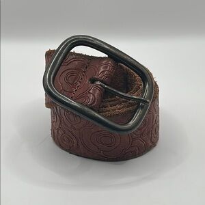 Brown Leather Belt with Embossed Flower Pattern